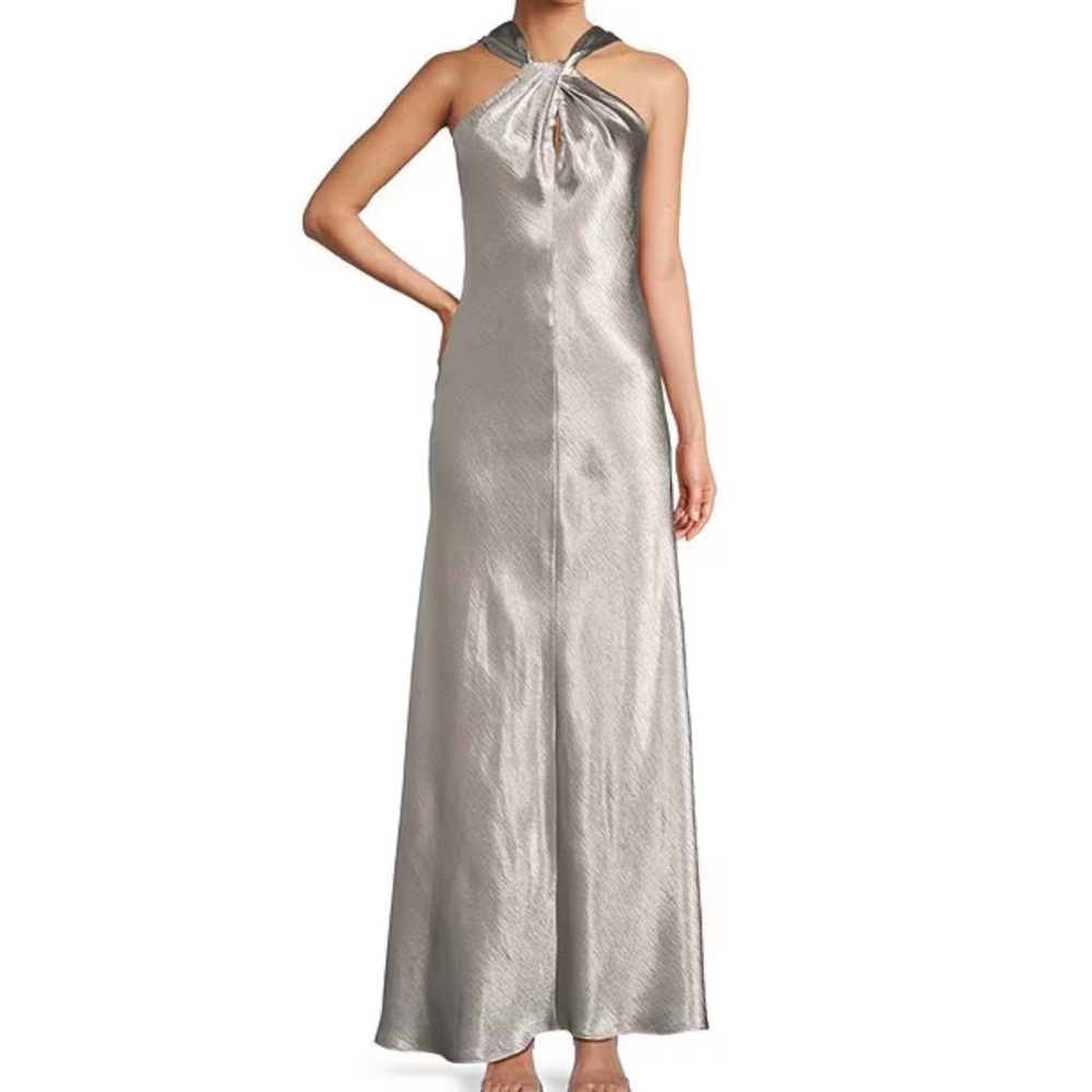 ANTONIO MELANI Silver Drapey Satin Halter ALine Maxi Dress Sz 4